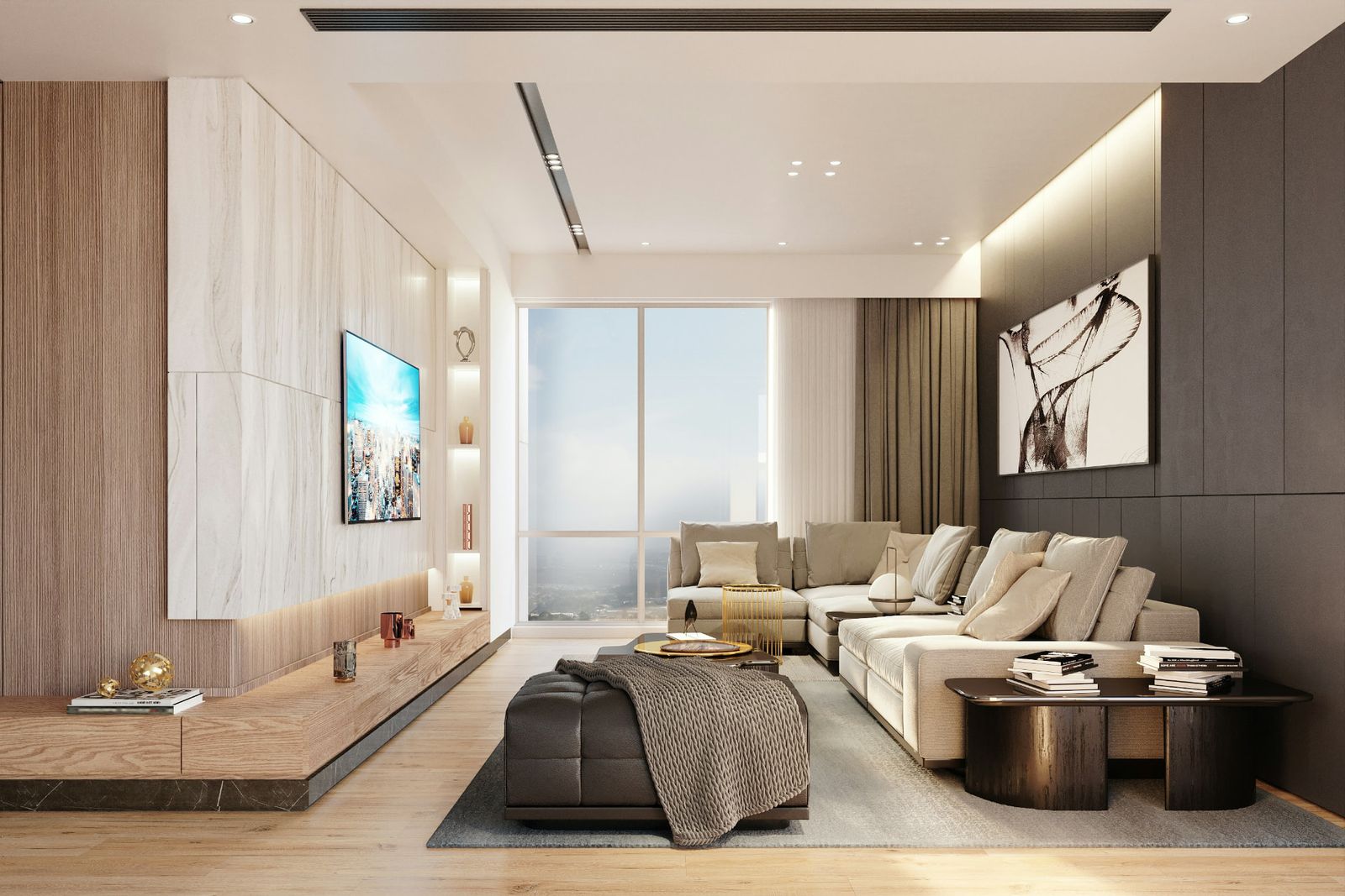 Image d’ambiance : salon contemporain aux boiseries claires, grand canapé d’angle beige, pouf en cuir et baie vitrée